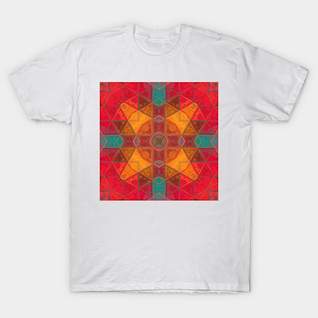 Mosaic Kaleidoscope Square Orange Red and Teal T-Shirt by WormholeOrbital